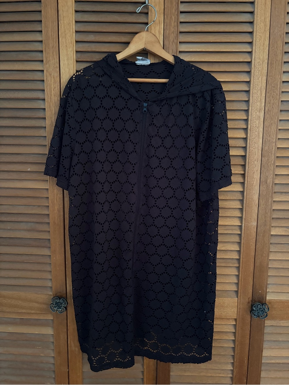 Black Women's Crochet Zip-Front Swim Coverup with hood size 1X